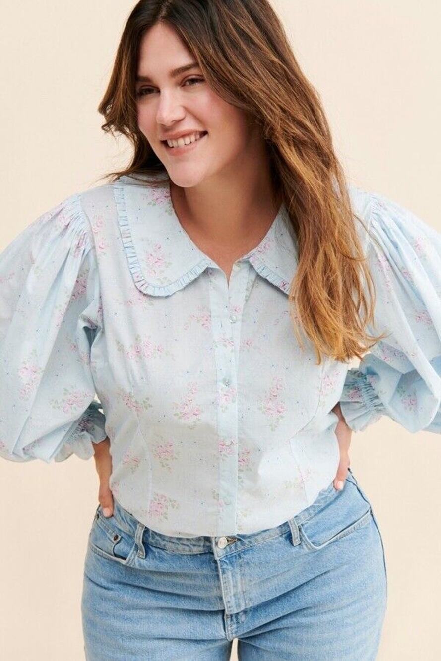 Selkie Blue Floral Meadow Blouse 3/4 Puff Sleeve Collar Small